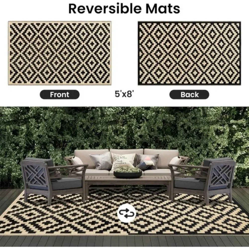 Waterproof 5x8 Outdoor Rug, Reversible Plastic Straw Patio RV Mat, Black/Beige